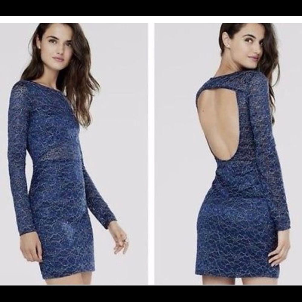 Express Blue Metallic Lace Open Back Sheath Dress