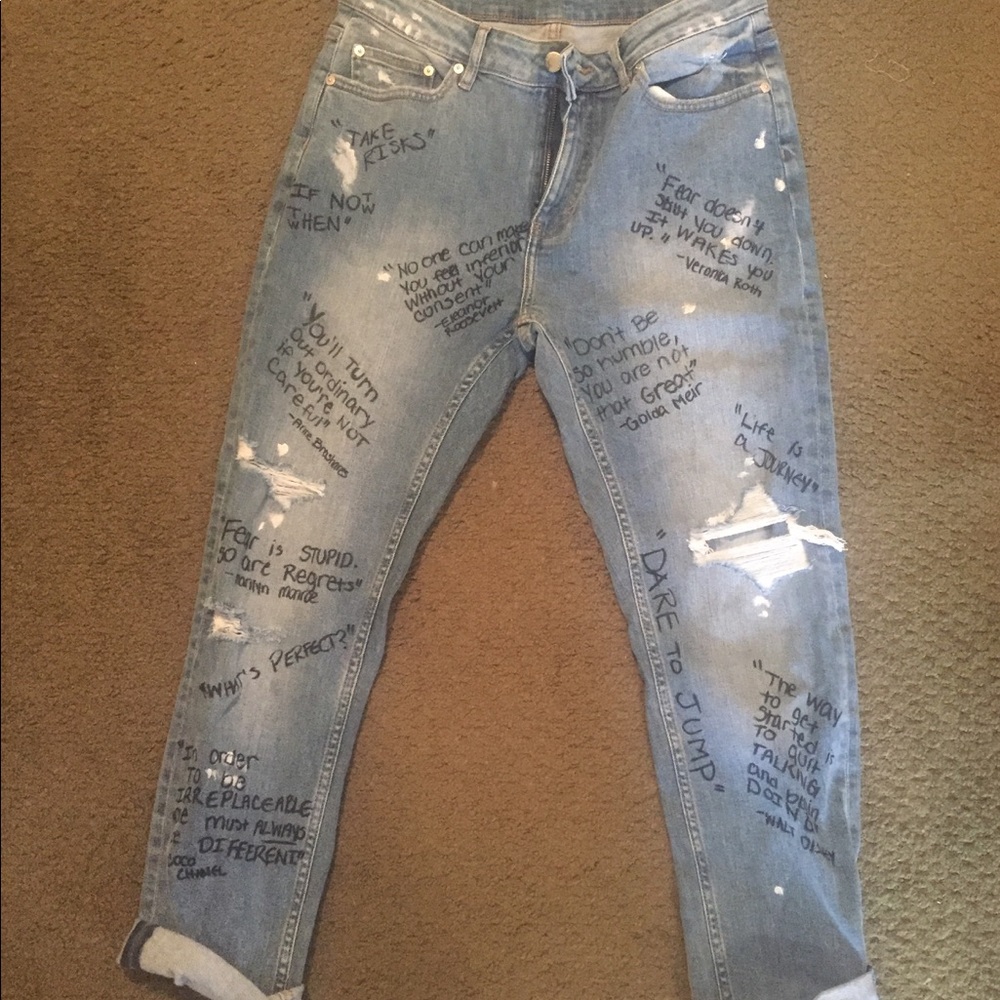 Hand designed motivational quote jeans