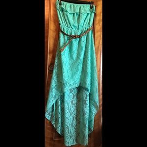 Turquoise lace dress, strapless, high-low