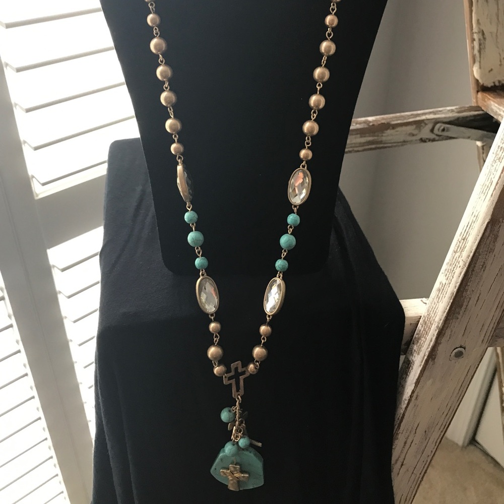 CRUX Brushed Gold Necklace Set w Turquoise Accent