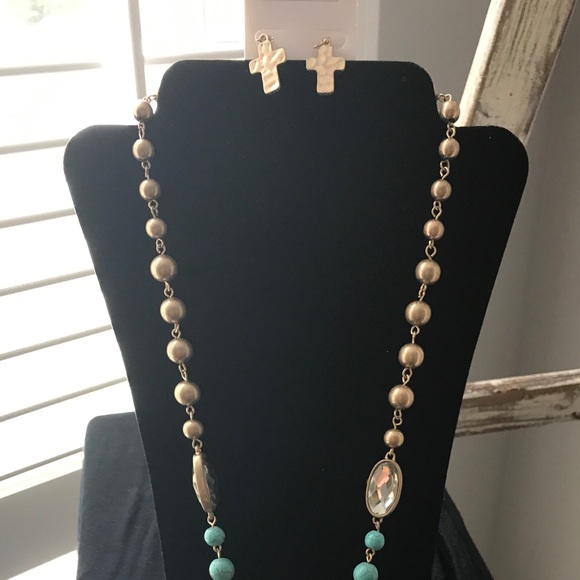 CRUX Brushed Gold Necklace Set w Turquoise Accent - Picture 2 of 2