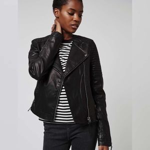 Topshop Quilted Faux Leather Biker Jacket in Black