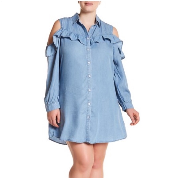 Dresses & Skirts - Want and Need Chambray Cold Shoulder Tunic Dress