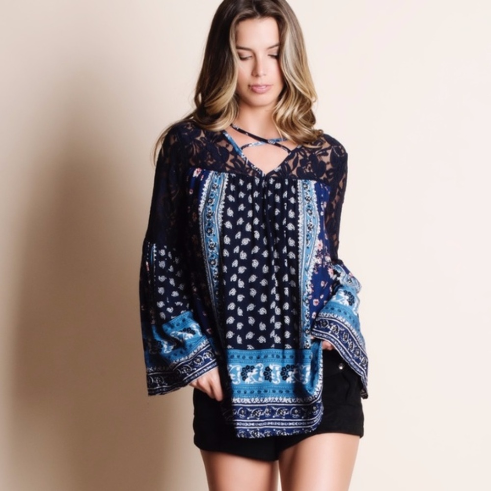 Navy blue, Boho bell sleeve top - Picture 2 of 3