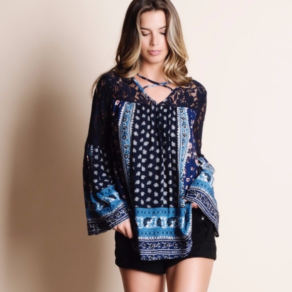 Navy blue, Boho bell sleeve top - Picture 2 of 3