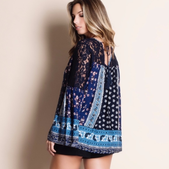 Navy blue, Boho bell sleeve top - Picture 3 of 3