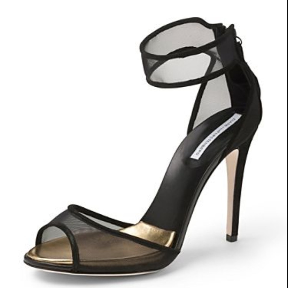 Diane von Furstenberg black mesh ankle strap heel