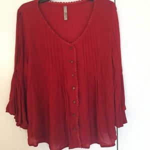 Red Cold Shoulder Button Up Blouse