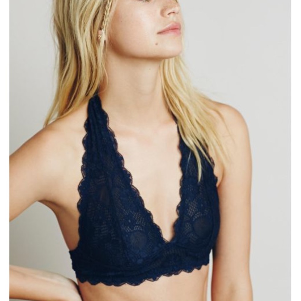Free People Navy Blue Lace Galloon Halter Bralette