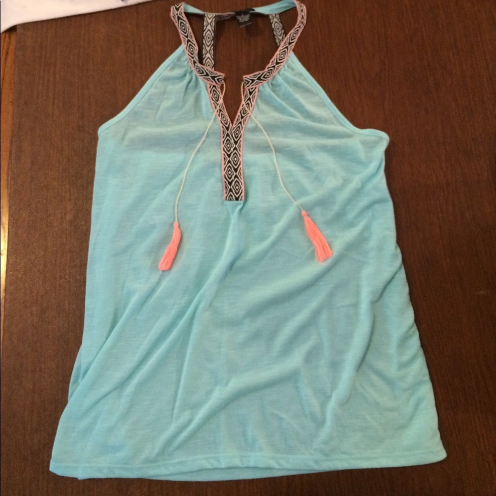 Aztec teal tank top with tassels