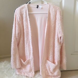 H&M pink furry long cardigan