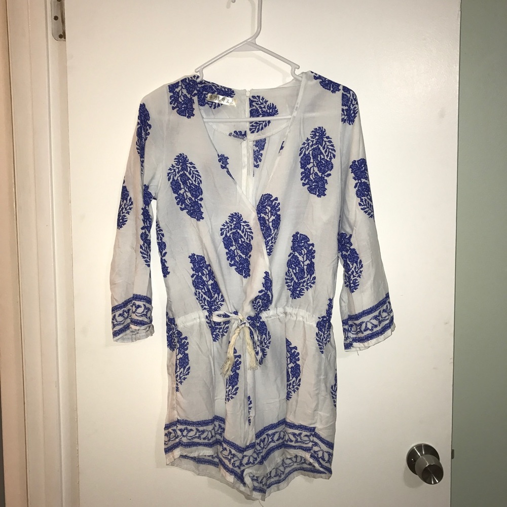 White & blue boho romper