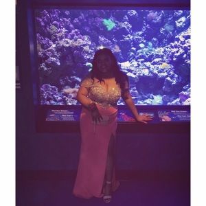 Coral jeweled long prom dress w/ slit .