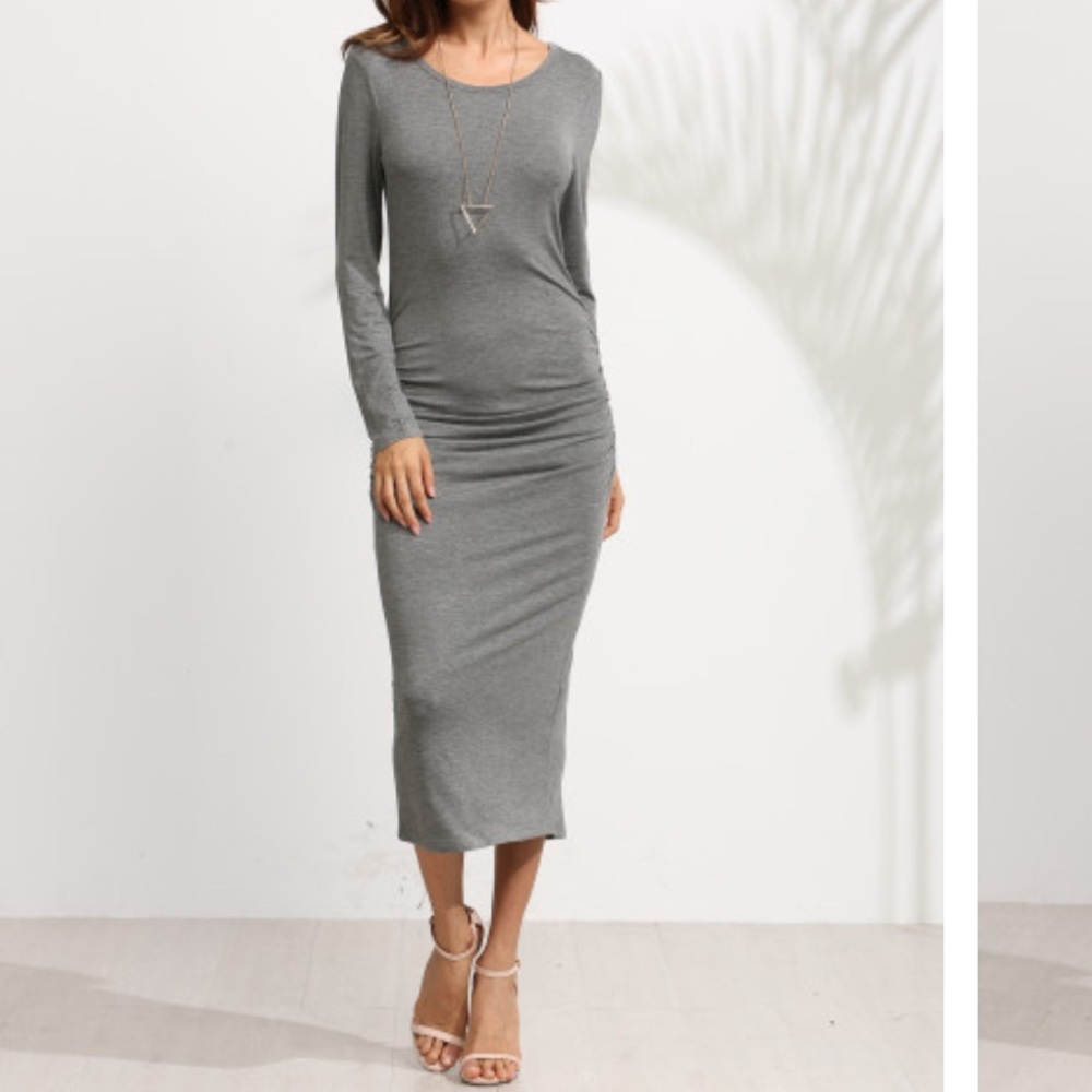 Heathered Grey Ruched Slit Midi Dress