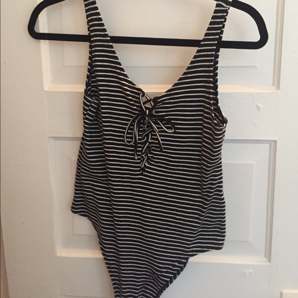 Black and white striped bodysuit with lace up