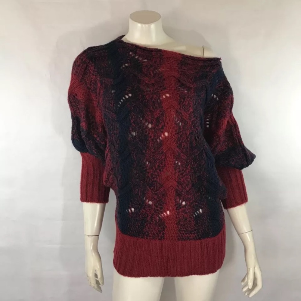 Umgee Chunky Knit Sweater Red Navy Blue Cable Knit - Picture 5 of 7