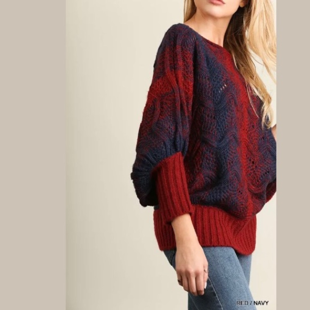 Umgee Chunky Knit Sweater Red Navy Blue Cable Knit - Picture 3 of 7