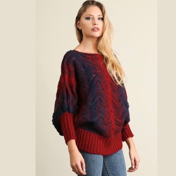 Umgee Chunky Knit Sweater Red Navy Blue Cable Knit - Picture 4 of 7