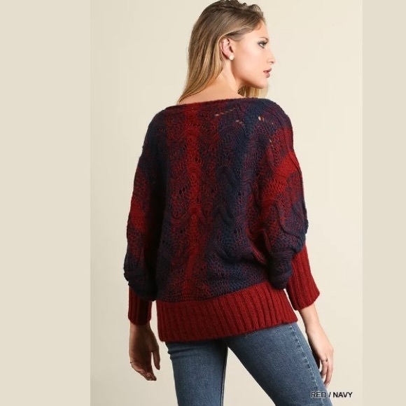 Umgee Chunky Knit Sweater Red Navy Blue Cable Knit - Picture 2 of 7
