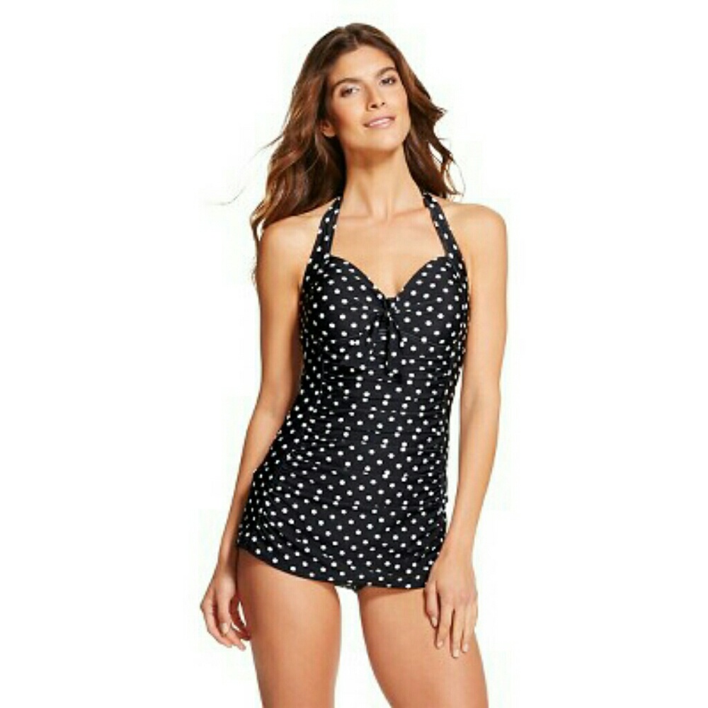Merona Black Polkadot Halter Swim Dress