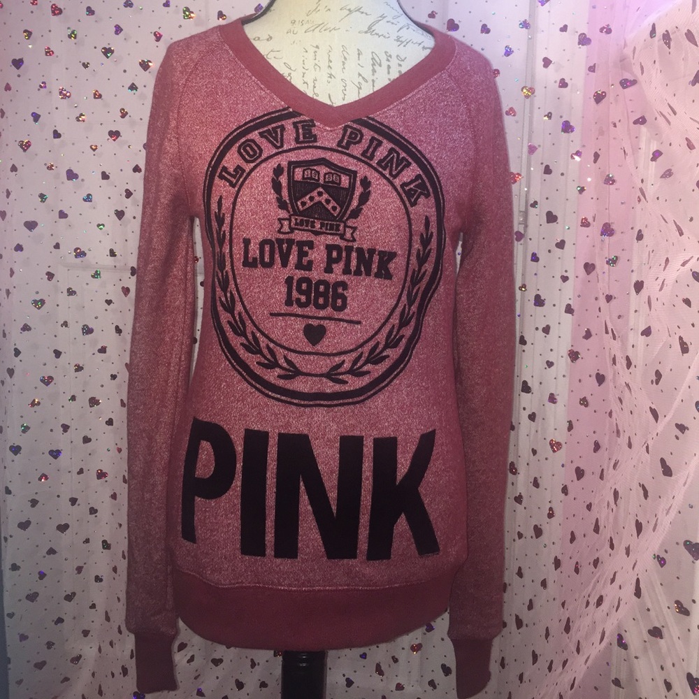 🆕PINK Cranberry V-neck Collegiate Pullover LS S