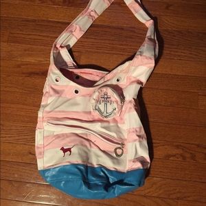 VS pink and white canvas beach bag
