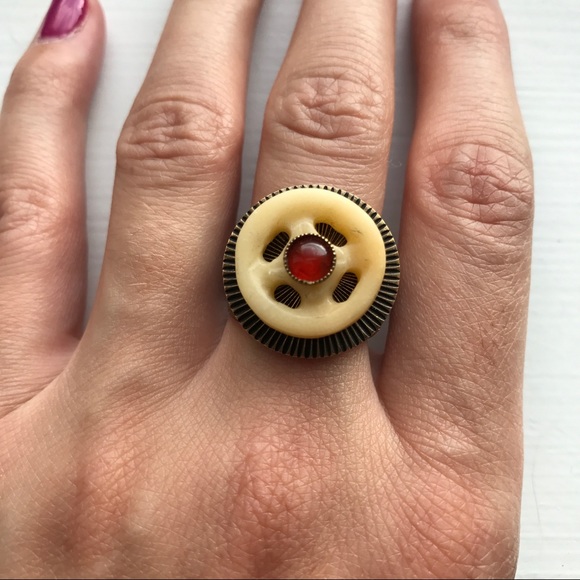 Ivory & red gemstone Jan Michaels SF brass ring