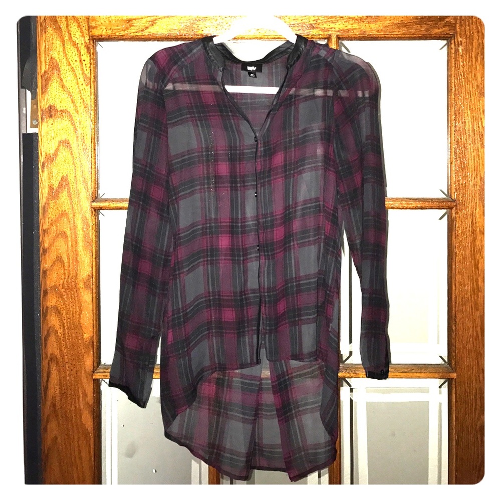 Sheer plaid button-up tunic