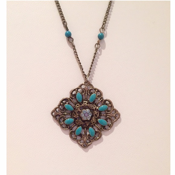 Jewelry - Vintage Boho Silver & Turquoise Ornate Pendant
