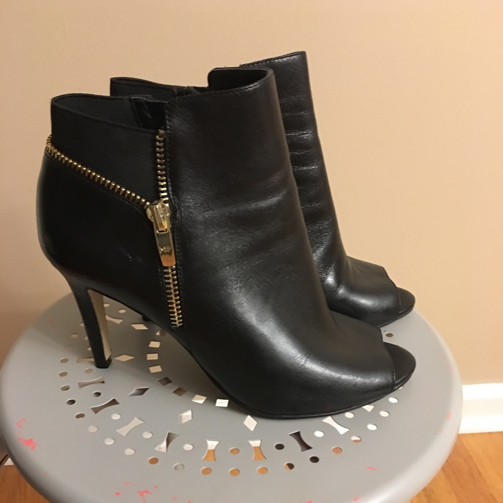 Marc Fisher peep toe booties, black w/ gold zipper