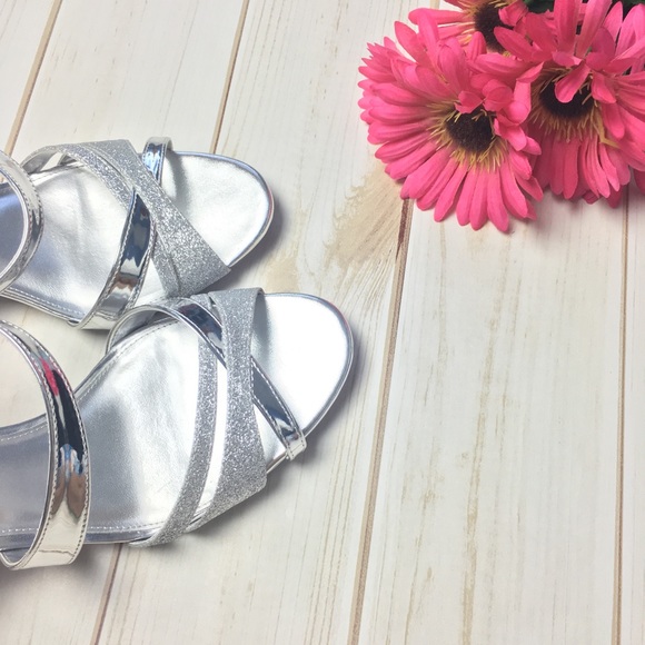 Shoes - Strap Three Inch Silver Sparkly Heels