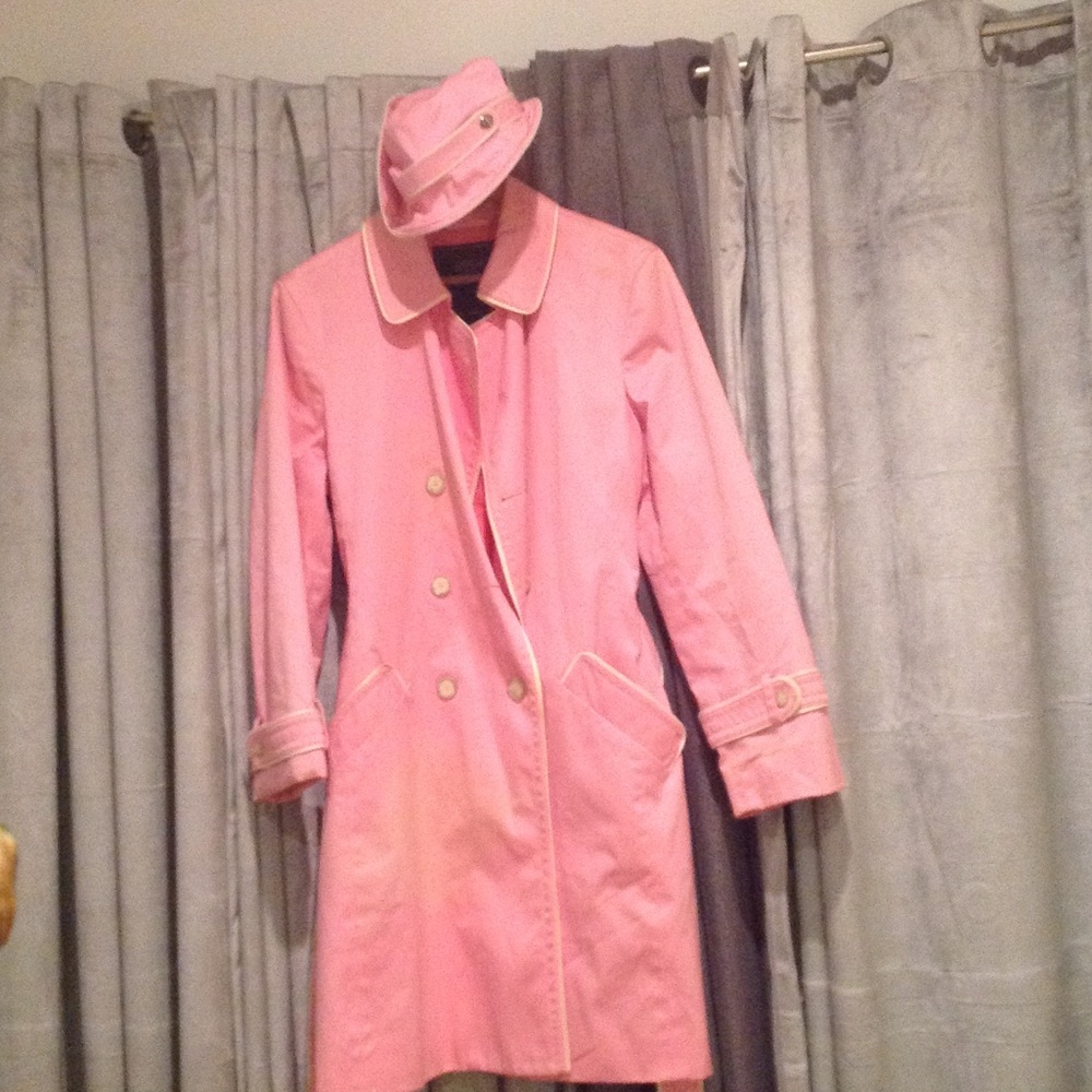 Pink Coach trench coat with matching hat.