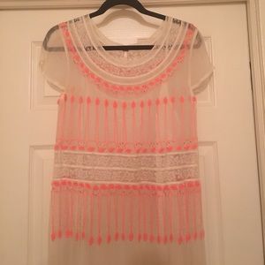 Sheer chiffon ivory dress with pink embroidery