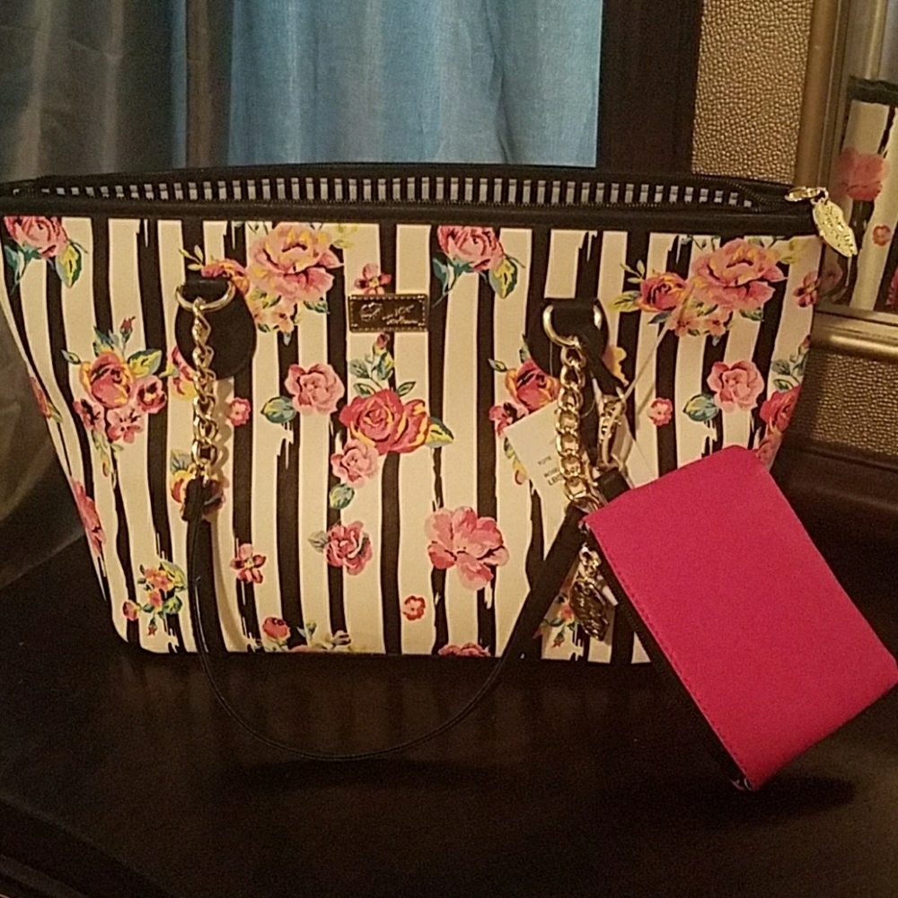 Betsey Johnson black & white striped floral purse