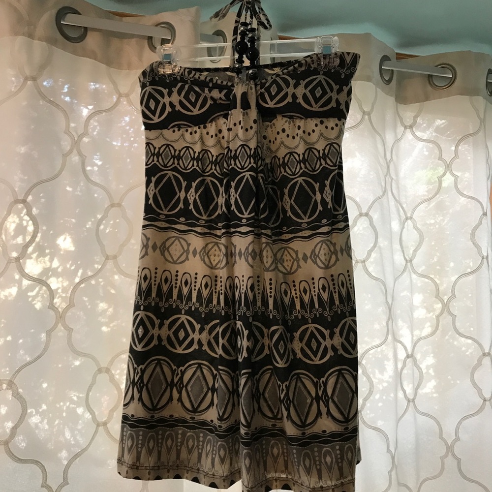 Patterned strapless dress with beaded halter