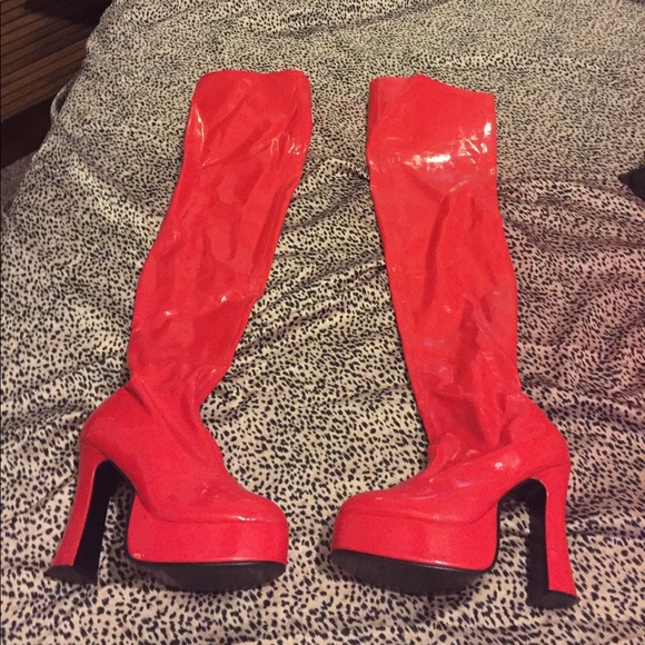red thigh high platform boots