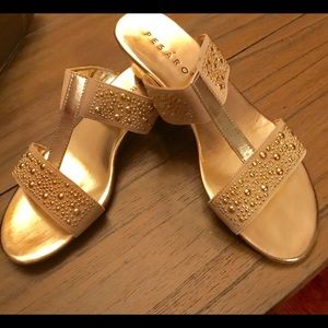 Dressy Champagne Gold Sandals. 1 3/4 inch heel.