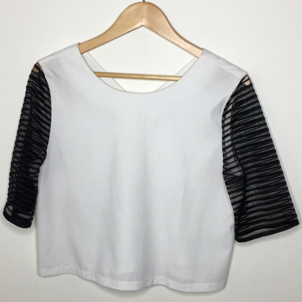 White Crop Top w/ Black Sheer Sleeves