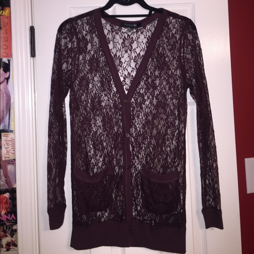 Eggplant lace cardigan with pockets!
