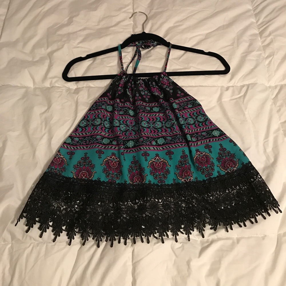 Turquoise/pink/black lace halter top
