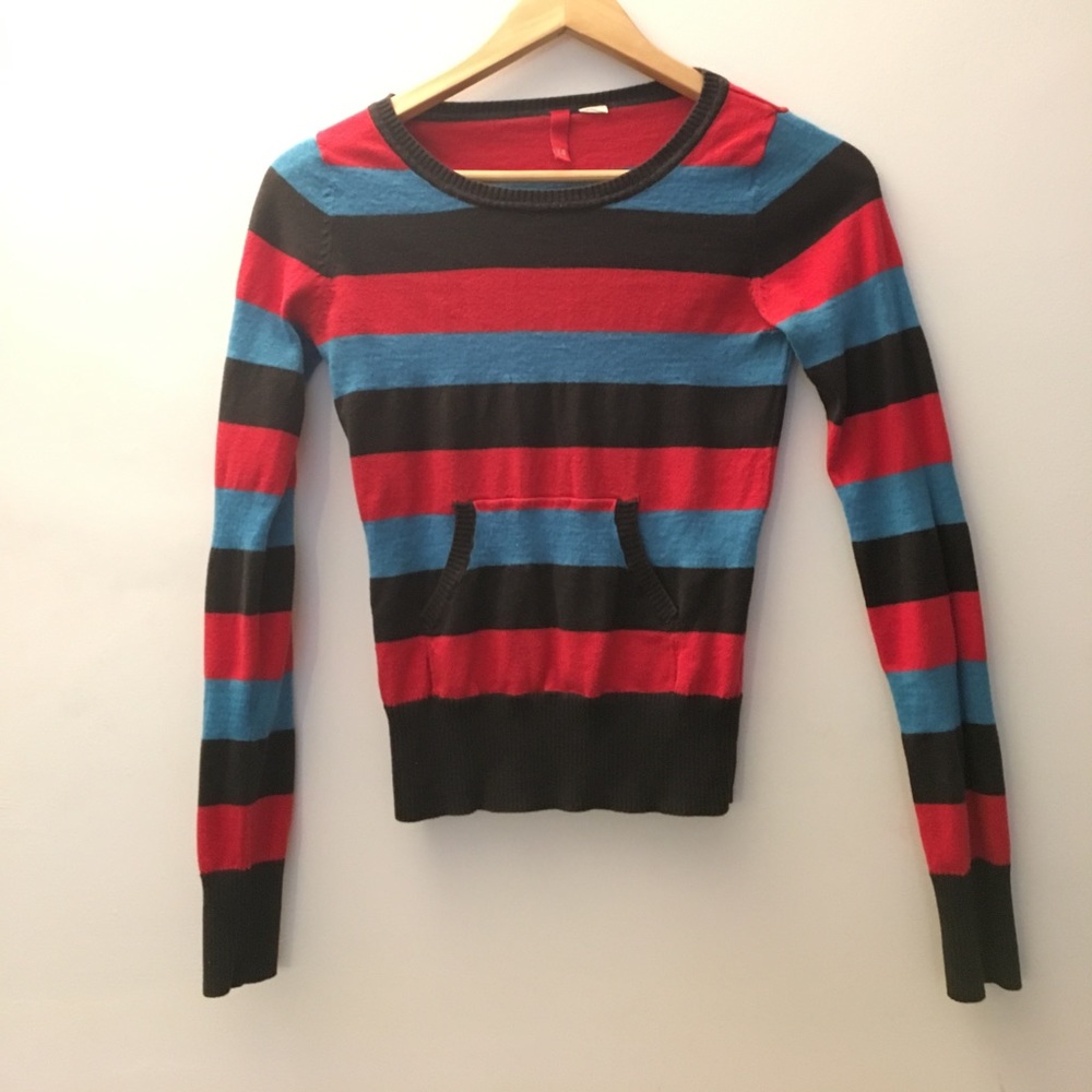 Red Blue Black Striped Pullover Sweater w/ Pocket