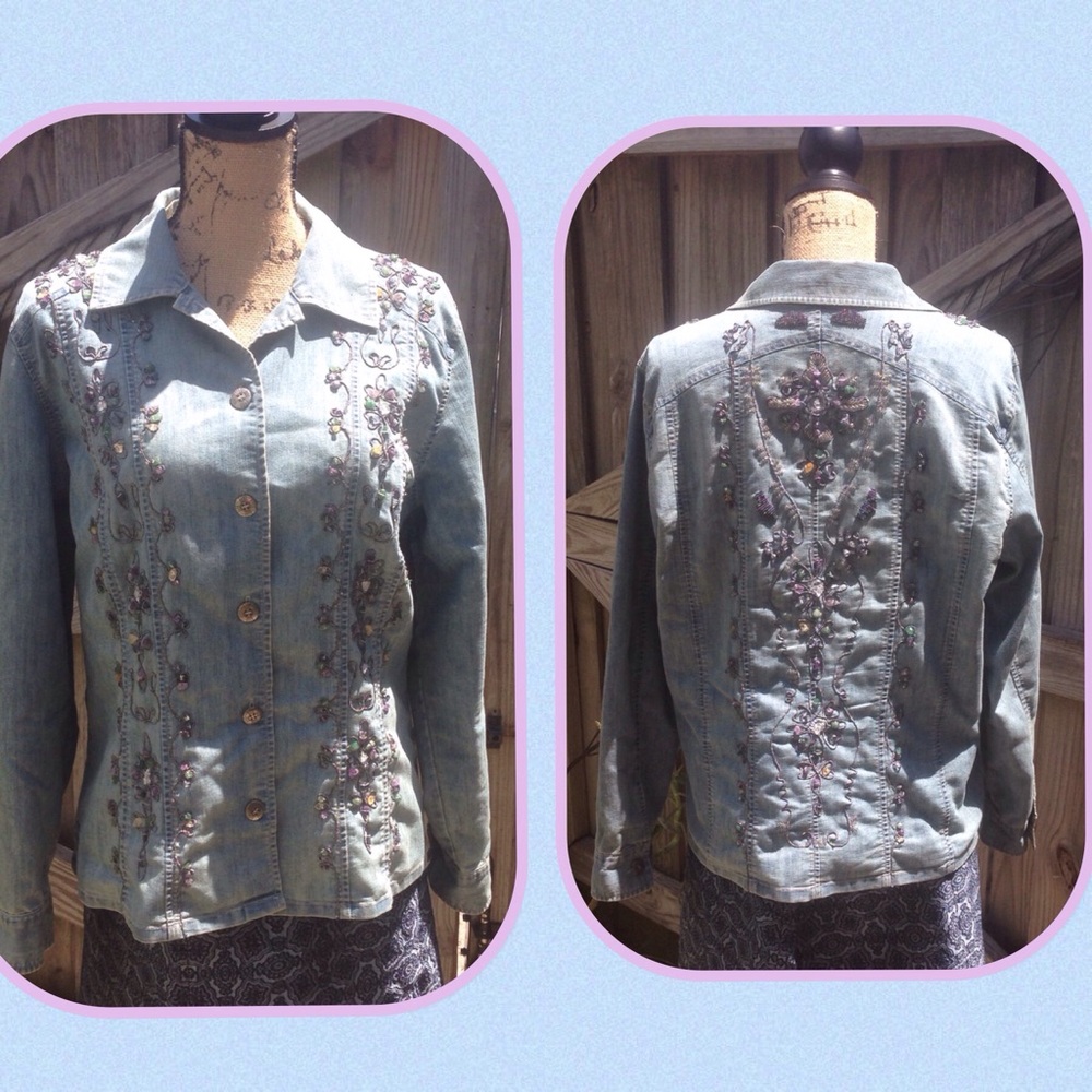 Chicos Embellished Beaded Jean Jacket 2 large