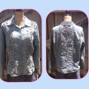 Chicos Embellished Beaded Jean Jacket 2 large
