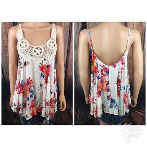 Floral Print Sleeveless Top With Crochet Detail