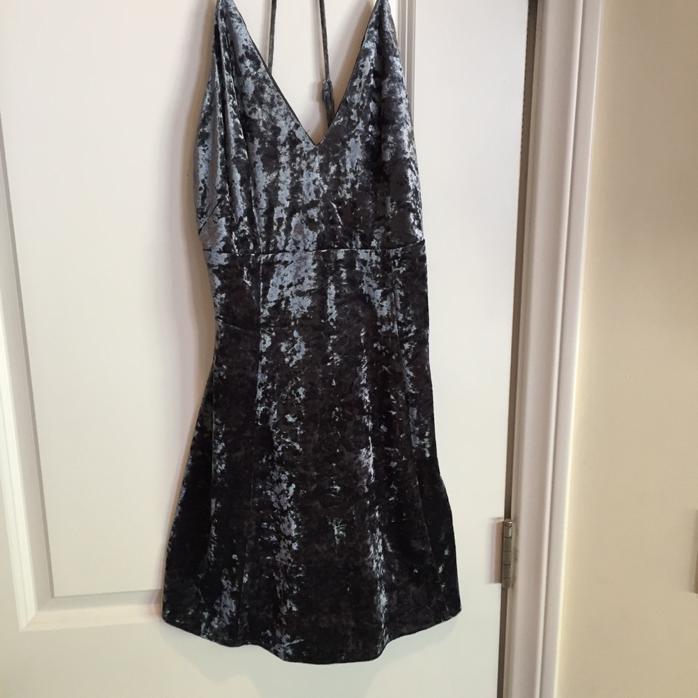 Dusty Blue Gray Velvet Mini Dress - Picture 2 of 8