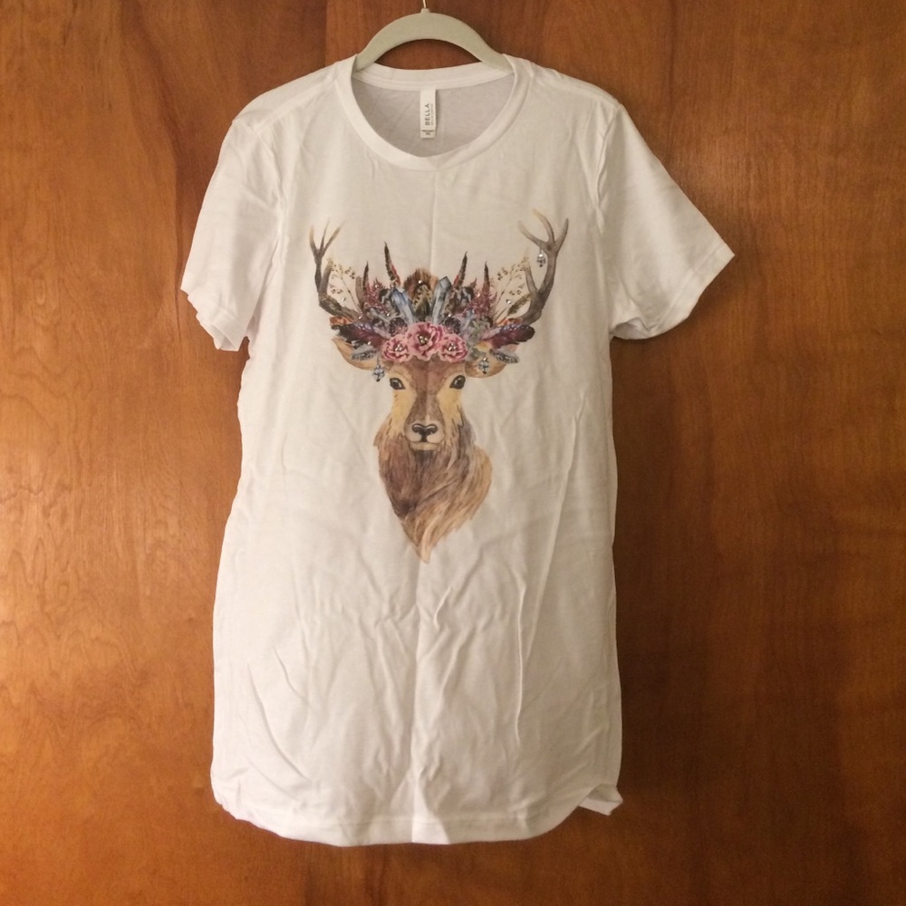 Boho tee. Stag with floral and rhinestone accents