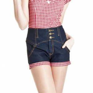High-Waisted Denim Shorts with Red Gingham Trim