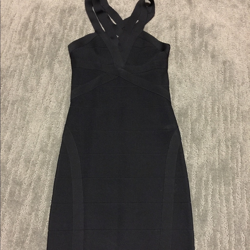 Women’s size x-small Bebe bandage black dress open back criss cross cutout tight