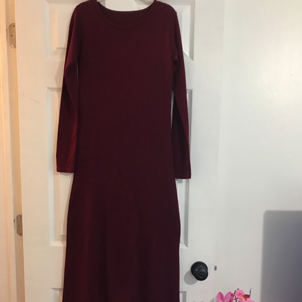 Small Strech Maxi Long Sleeve Dress Dark Red