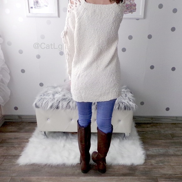 Last 1◽️Cream Popcorn Sweater Lace Up Pullover - Picture 3 of 4